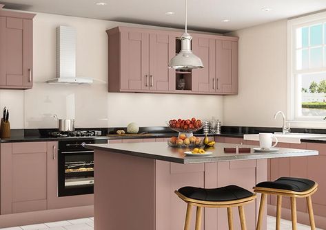 Copper And Pink Kitchen, Pink Small Kitchen, Dusky Pink Kitchen, Pink And Gold Kitchen, Pink Kitchen Cupboards, Light Pink Kitchen, Pink Kitchen Cabinets, Moody House, Kitchen Door Styles