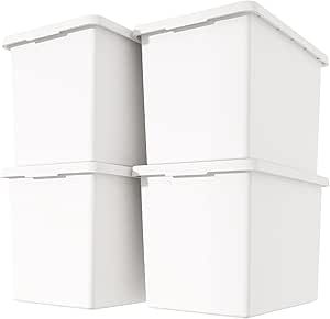 Yishyfier White Storage Bins with lids,Stackable Plastic Boxes Set of 4,Storage Box with handle for Organizing Snacks, Crafts,Crafts, Tools,books(white, 4XL) White Storage Bins, Organizing Snacks, Dog Food Storage Containers, Book Bins, Box With Handle, Storage Tubs, Storage Bins With Lids, Plastic Organizer, White Storage