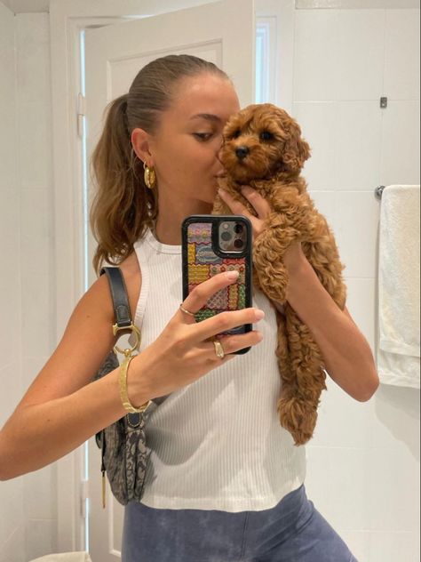 Aesthetic Pet Pictures, Tank Top Mirror Selfie, Summer Hair Brunette, Pose Ideas Cute, Anna Astrup, Romantic Animals, Slick Ponytail, Dog Mommy, Girl And Dog