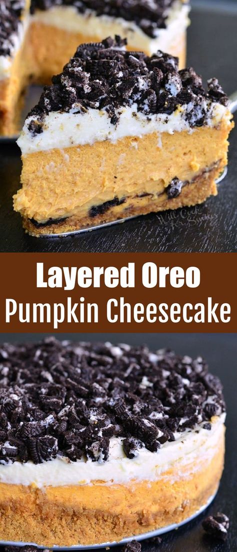 Pumpkin Oreo Dessert, Oreo Pumpkin Cheesecake, Pumpkin Oreo Cheesecake, Oreo Pumpkin, Halloween Cheesecake, Crushed Oreo, Morning Recipes Breakfast, Crumb Recipe, Mascarpone Frosting