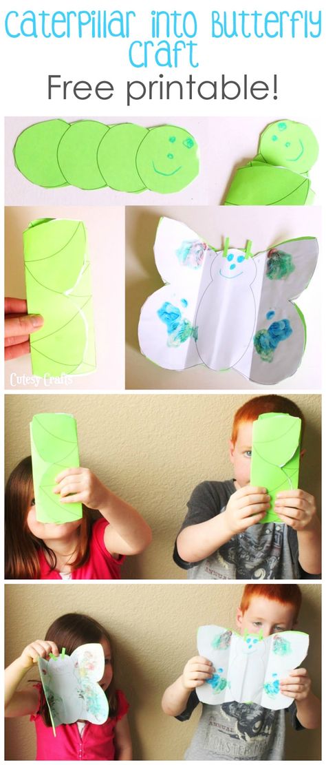 Make this cool caterpillar into butterfly craft with free printables! It's like magic! The caterpillar goes into the chrysalis and then turns into a butterfly. Butterflies Art Preschool, Catapiller Crafts Preschool, Cacoon Crafts For Preschool, Preschool Caterpillar Crafts, Caterpillar To Butterfly Craft, Butterfly Stem Activities, Caterpillar Into Butterfly, Chrysalis Craft, Insects Activities