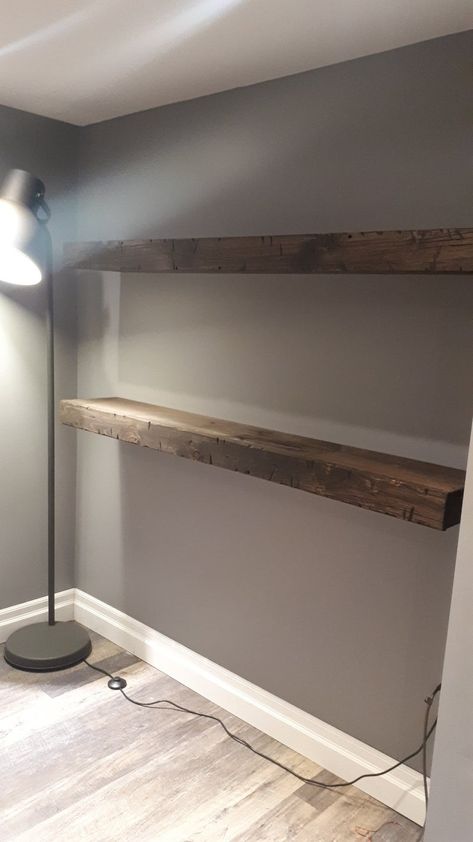 Wood Beam Wall Shelf, Shelves Above Tv, Shelves Over Tv, Shelf Over Bed, Tv Floating Shelves, Console Shelf, Floating Shelves Living Room, Fireplace Mantel Shelf, Basement Inspiration