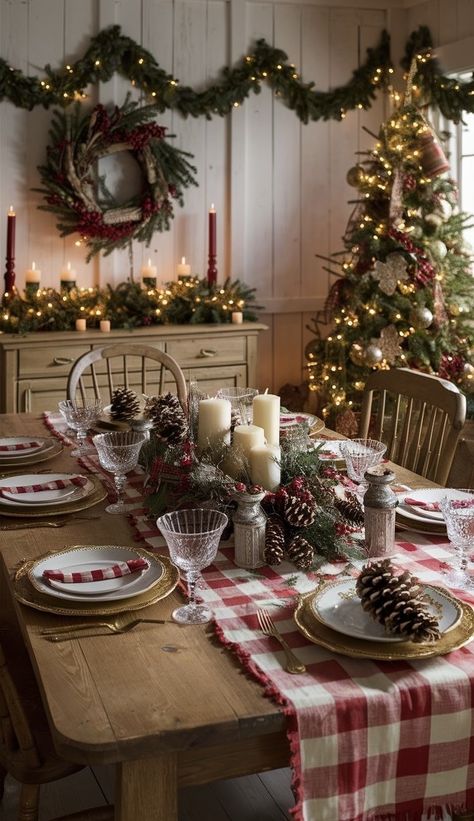 Christmas Dining Table Decorations, Dining Table Decorations, Farmhouse Christmas Decor Ideas, Elegant Farmhouse, Deco Table Noel, Christmas Dreaming, Christmas Dining Table, Cozy Christmas Decor, White Tablecloth