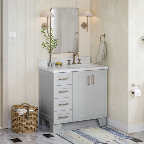 Longshore Tides Franz 37" Single Bathroom Vanity Set | Wayfair Types Of Countertops, Grey Bathroom Vanity, Bathroom Vanity Base, White Quartz Countertop, White Vanity Bathroom, Transitional Bathroom Vanities, Marble Vanity Tops, Bathroom Vanities For Sale, Single Sink Bathroom Vanity