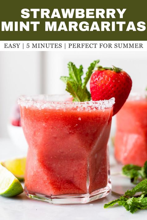 These delightfully refreshing strawberry mint margaritas are a fruity drin for hot summer days. The fresh mint adds a bright pop of flavor to these cocktails that pairs well with the frozen strawberries. Mint Syrup Recipe, Healthy Cocktail Recipes, Mint Margarita, Mint Drink, Flavored Margaritas, Mint Cocktails, Fruity Cocktail, Easy Margarita, Chili Lime Seasoning