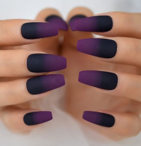 Coffin Nail Designs Black, Purple Ombre Matte Nails, Black Purple Ombre Nails, Black And Purple Ombre Acrylic Nails, Black And Purple Ombré Nails, Purple To Black Ombre Nails, Purple Black Ombré Nails, Hombre Nails Black And Purple, Black Ombre Nails