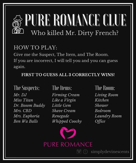 Fun Facebook game for a pure romance party. Pure Romance Games Parties, Pure Romance Games, Tea Recipes Diy, Board Games For Couples, Pure Romance Party, Selling Scentsy, Better Mom, Scentsy Business, Couple Games