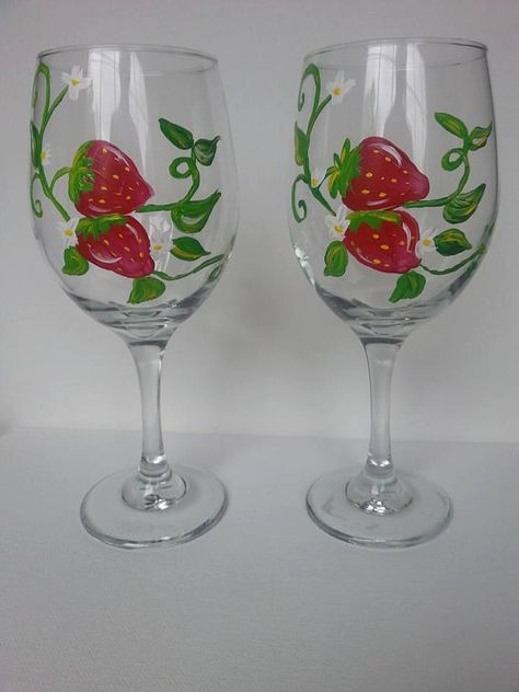 I don't drink, I just use these for decor. Strawberry Set of two 20 oz Hand Painted Wine by AtkinsonCreations Wine Glass Decorating, Strawberry Themed Kitchen, Strawberry Items, Avocado Gifts, Wine Bottle Painting, Fruit Kitchen Decor, Pebeo Porcelaine 150, Strawberry Stuff, Glass Painting Ideas