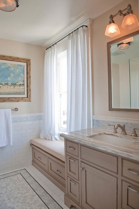 Extensive Beach House Renovation Bathroom Window Seat, Restroom Remodel Ideas, Large Bathroom Ideas, Bathroom Tile Trends, Built In Window Seat, Restroom Remodel, Beach House Renovation, Simple Bathroom Remodel, Barn Apartment