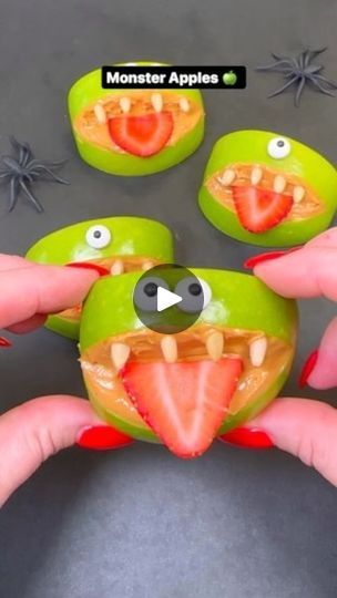 Monster Apples, Homemade Cotton Candy, Strawberry Tops, Halloween Apples, Candy Eyeballs, Apple Treat, Spooky Snacks, Halloween Treats For Kids, Halloween Food Treats