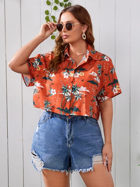 Tropical Shirt Outfit, Floral Shorts Outfits, Bum Shorts, Tropical Print Shirt, Print Shirts Women, Tropical Shirt, 2piece Outfits, Polo Blouse, Lace Gown Styles