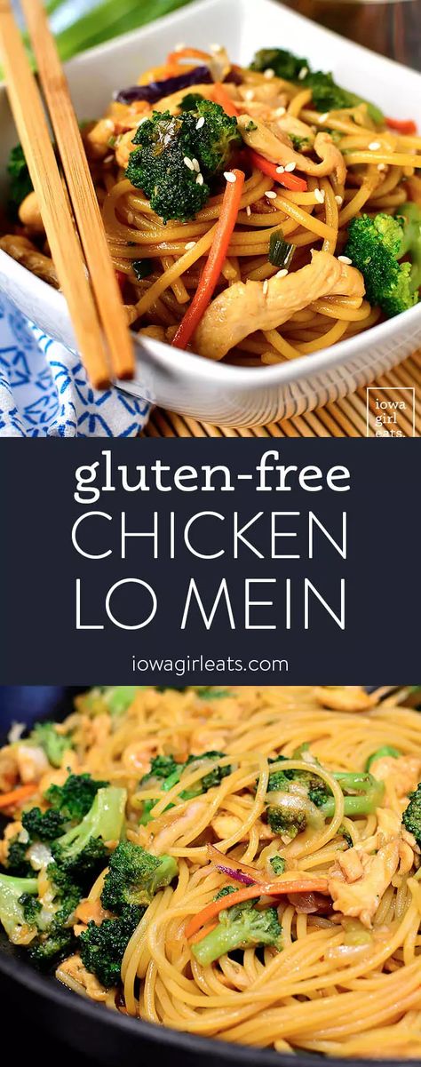 Gluten Free Chinese Food, Vegetarian Chinese Recipes, Gluten Free Chinese, Chicken Lo Mein, Homemade Chinese Food, Lo Mein Recipes, Iowa Girl Eats, Lo Mein, Gluten Free Living