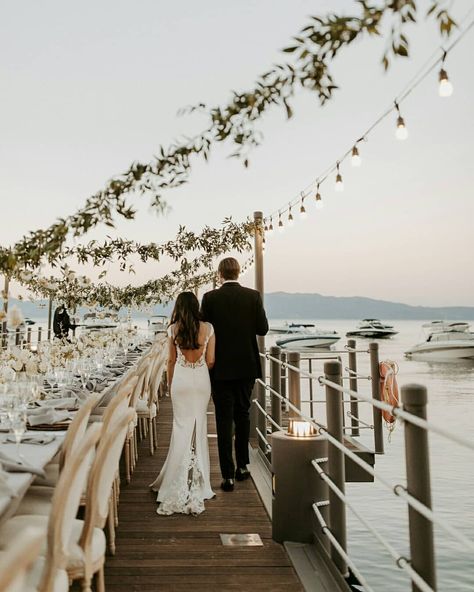 Junebug Weddings on Instagram: “Vows on the shores of Lake Tahoe, dinner on the dock, and a “just married” boat ride––need we say more!?? 🙌 Hit the “on the blog” link in…” Water Front Wedding, Lake Tahoe Wedding Venues, West Coast Wedding, Unique Wedding Photography, Indie Wedding, Lake Tahoe Wedding, Lake Tahoe Weddings, Waterfront Wedding, Wedding Inspiration Summer