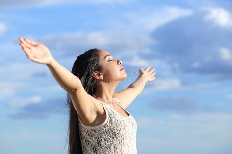 Beautiful arab woman breathing fresh air with raised arms. With a cloudy blue sk , #AD, #breathing, #fresh, #air, #Beautiful, #arab #ad Arms In The Air Pose, Raising Arms Reference, Arms Reference, Air Photography, Guided Visualization, Dream Images, Blue Sky Background, Positive Images, Arab Women