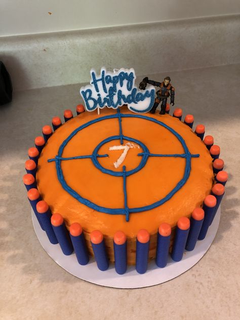 Nerf Wars Battlefield Indoor, 8 Yr Birthday Party Ideas Boy, Boys Nerf Birthday Party, Nerf Birthday Party Ideas Cake, Nerf Battle Birthday Party, 7th Birthday Boy Ideas, Nerf Cakes For Boys, Nerf Birthday Party Ideas Food, Nerf Cake Ideas