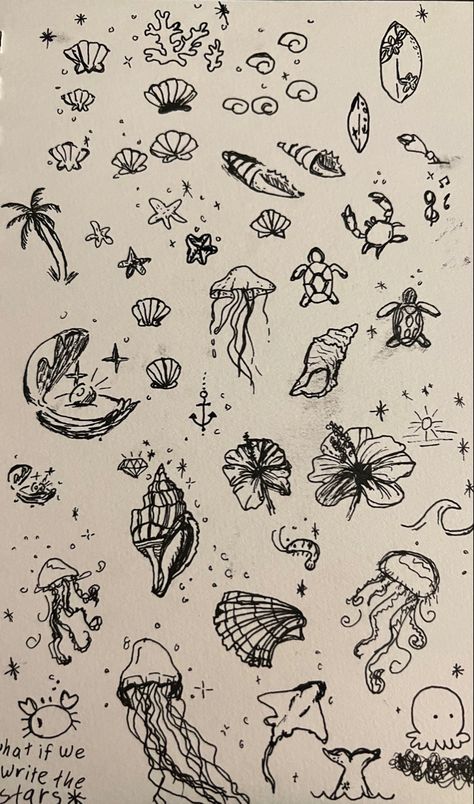 Doodle Art Marine Life, Aesthetic Sea Drawing, Sea Critters Drawing, Cute Sea Life Drawings, Aesthetic Sea Creatures Drawing, Drawings Of Ocean Animals, Sea Turtle Sketch Simple, Sea Themed Doodles, Doodle Art Ocean Theme