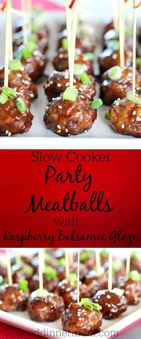 Slow Cooker Party Meatballs in Raspberry Balsamic Glaze are easy and flavorful. Included is a simple recipe for basic meatballs, or use packaged, frozen. #meatballs #recipes #appetizers #partyfood #beef Meatball Bar Party, Meatball Bar, Balsamic Meatballs, Basic Meatballs, Party Meatballs, Crockpot Meat, Balsamic Glaze Recipes, Ball Recipes, Appetizer Ideas