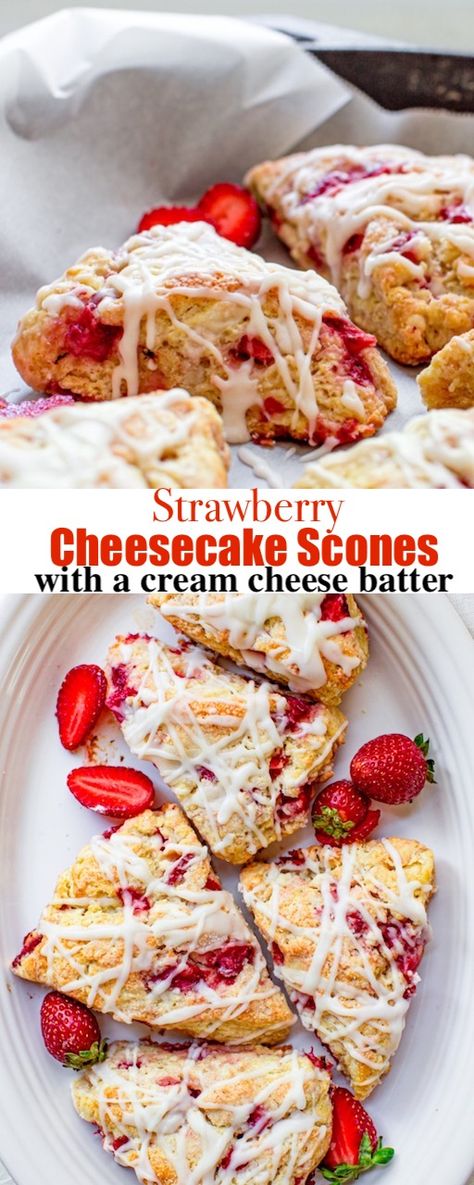 Strawberry Cheesecake Scones, Strawberry Cream Cheese Scones, Cheesecake Scones, Strawberry Cheesecake Muffins, Cake For Two Recipe, Scones And Clotted Cream, Strawberry Scones, Scone Recipes, Strawberry Breakfast