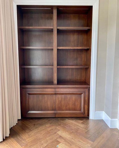 Walnut Built In Cabinets, Walnut Built Ins, Walnut Bookshelves Built Ins, Walnut Millwork, Mahogany Built In Shelves, Dark Wood Closet Built Ins, Walnut China Cabinet, Dish Cabinet, Redo Cabinets