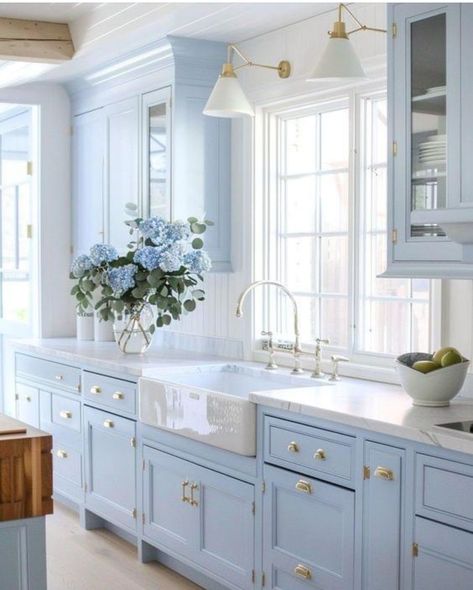 Light Blue Kitchen Walls, Baby Blue Kitchen, Light Blue Kitchen, Kitchen Sitting Area, Blue Green Kitchen, Blue Kitchen Walls, Light Blue Kitchens, Fancy Kitchens, Dream Life House