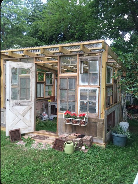 Planting Station, Repurposed Doors, Window Greenhouse, Diy Greenhouse Plans, Outdoor Greenhouse, Greenhouse Shed, Build A Greenhouse, Home Greenhouse, Backyard Greenhouse