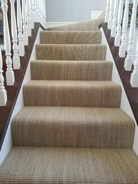 Loves the subtle striation on this New Zealand wool carpet. Interesting carpet makes an ordinary boring stairway come to life.  Hemphill's Rugs & Carpets Costa Mesa / Newport Beach CA Neutral Stairs Carpet, Berber Carpet Basement, Wool Carpet Stairs, Rug On Carpet Living Room, Upstairs Carpet, Rug On Carpet, Best Carpet For Stairs, Under Stairs Ideas, Paint Stairs