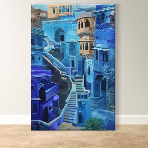 The Blue City of Jodhpur, India Painting Print on Framed Canvas, Medieval Architecture Wall Art, Vibrant Indian Home Decor by IshqyBusiness on Etsy Indian City Painting, Indian Architecture Painting, Indian Culture Painting, City Wall Decor, Wall Art Indian, Texture Paintings, Desi Art, Architecture Wall Art, India Painting