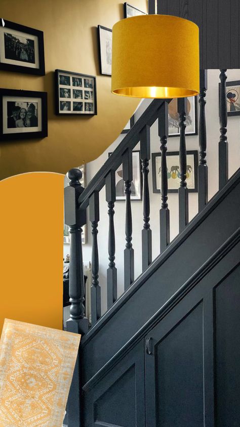 #HallwayInspo#hall #entryway #homedecor #interiordesign #interiors #blackbanister #blackpaint #mustard Black White Staircase, Dark Blue Hallway, Black Banister, Scandi Hallway, Blue Hallway, White Staircase, Panelling Hallway, Yellow And Black, Black Paint