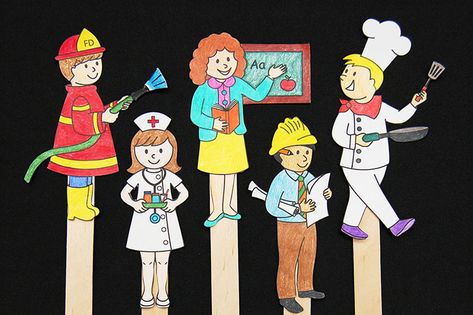 Community Helper Stick Puppets | Kids' Crafts | Fun Craft Ideas | FirstPalette.com Community Helpers Unit, Community Helpers Theme, Community Helpers Preschool, Theme Board, Community Workers, People Who Help Us, Fun Craft Ideas, Community Helper, Puppet Crafts