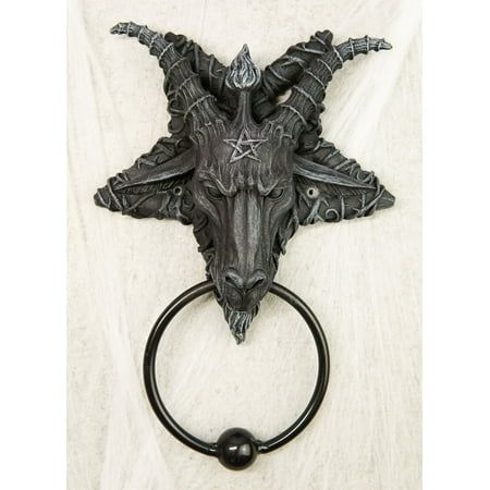 This Occultic Baphomet With Inverted Pentagram Door Knocker Sculptural Decor measures 9" tall, 6.5" long and 2.25" deep approximately. It weighs about 1.25 pounds.  This Occultic Baphomet With Inverted Pentagram Door Knocker Sculptural Decor is made of designer composite resin, hand painted and polished individually. The knocker part is made of cast iron metal. Item does NOT come with a striking plate. Color Tone May Vary Slightly From Pictures.  Baphomet is an enigmatic, goat-headed figure foun Samael Lilith, Gothic Door Knocker, Sculptural Decor, Goat Of Mendes, Viking Home Decor, Satanic Goat, Inverted Pentagram, Alice Angel, Gift Catalog