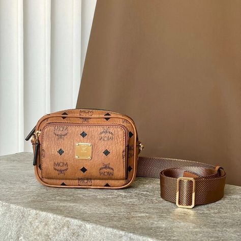 MCM Visetos Klassik Crossbody Bag Cognac Chic Belt, Mcm Handbags, Mcm Logo, Brown Coat, Belt Bag, Cognac, Gold Hardware, Front Zipper, Gift Bag