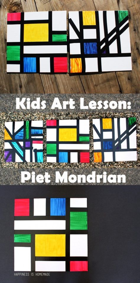 Kids Abstract Art Lesson - Piet Mondrian Mondrian Kids, Abstract Art Lesson, Abstract Art For Kids, Mondrian Art, Istoria Artei, Art Lessons For Kids, Ecole Art, Elementary Art Projects, Homeschool Art