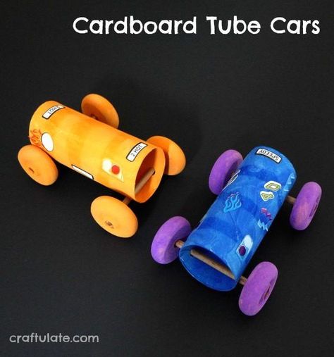 Cardboard Tube Cars - a fun craft for kids to make - and race! Simple Machine Projects, Junk Modelling, Cardboard Tube Crafts, Recycling For Kids, Cardboard Car, Car Craft, Machining Projects, Mason Jar Crafts Diy, Paper Roll Crafts