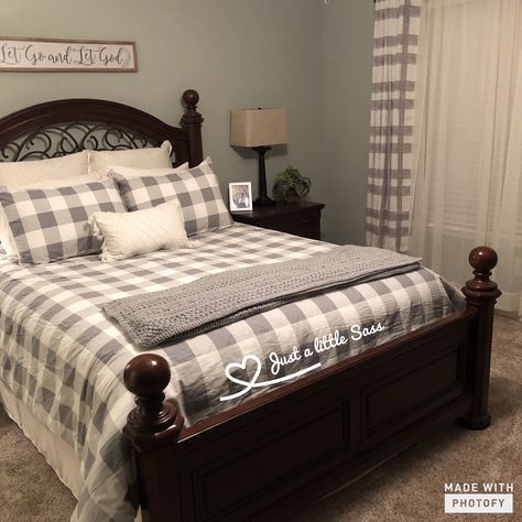 Buffalo Plaid Master Bed, Grey Buffalo Plaid Bedroom, Gray Buffalo Plaid Bedroom, Buffalo Plaid Bedroom, Buffalo Plaid Bedding, Plaid Bedroom, Glamper Camper, Guest House Plans, Cabin Vibes