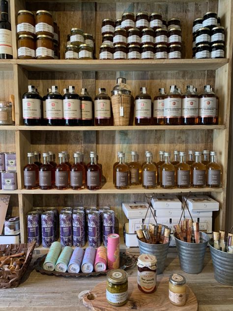 lavender, apothecary shelves, syrups, cocktail mixers, Small Apothecary Business, Apothecary Store Display, Apothecary Business Ideas, Apocathary Aesthetic, Old Apothecary Shop, Apothecary Set Up, Herbal Shop Aesthetic, Apothecary Shop Ideas, Natural Medicine Aesthetic