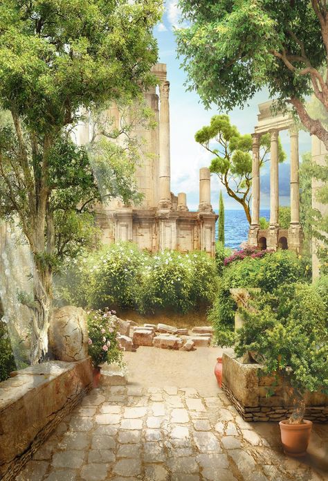 Ancient Greek Garden, Greek Castle, Ancient Greece Aesthetic, Greek Garden, Greek Architecture, Ancient Greek Architecture, Fantasy Places, Classical Architecture, Architecture Illustration