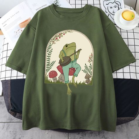 Field Of Mushrooms, Frog Playing Guitar, Cool Frog, Aesthetic Mushroom, Cute Store, Art Media, Open Art, Hippie Shirt, Frog T Shirts