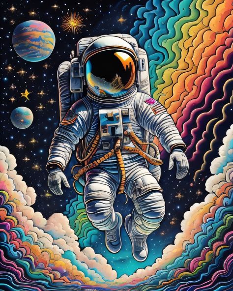 Space Art Ideas, Trippy Space Art, Trippy Astronaut, Trippy Space, Nasa Art, Astronaut Illustration, King Painting, Magazine Clippings, Trippy Drawings