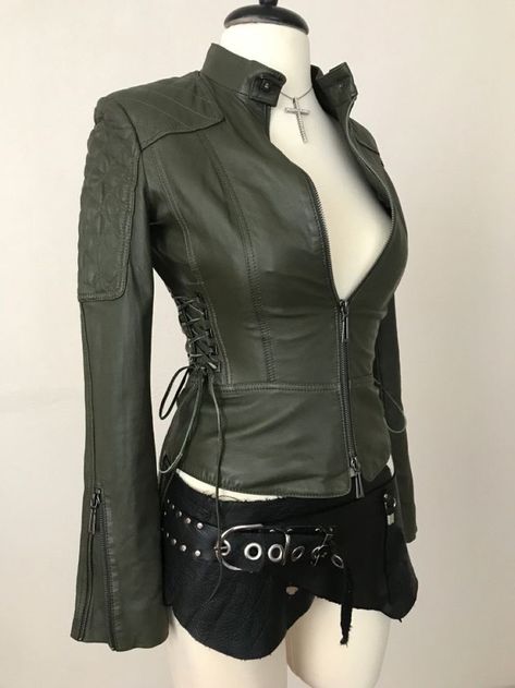 Utility Core Outfits, Green Punk Outfits, Fighter Clothes, Combat Outfit Female, Green Leather Jacket Outfit, Villain Outfits Female, Green Leather Jacket, Fitted Jacket, 2000s Fashion Outfits