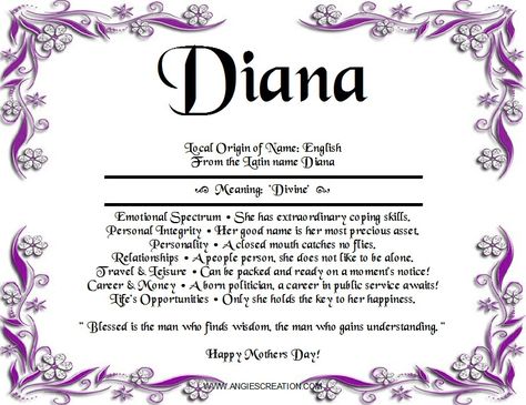 Diana Name, Name Aesthetic, Personal Integrity, Happy Birthday Wishes Cards, Birthday Wishes Cards, Name Meaning, Unique Names, Thought Process