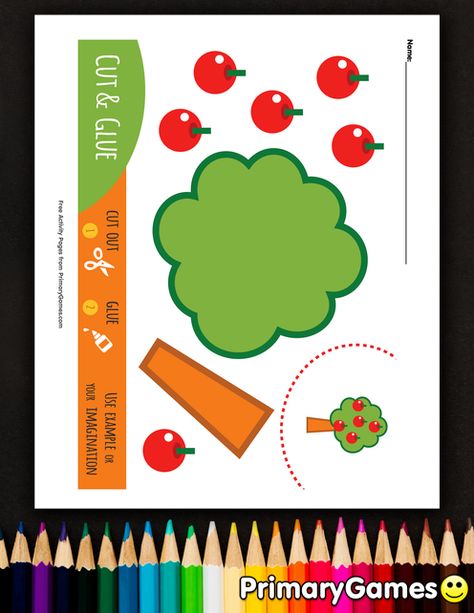 FREE Apple Tree Cut And Glue Activity Page printable. Print, cut and glue PDF Activity Page Books from PrimaryGames. Our online collection of easy cut and paste activity pages feature the BEST paper crafts for you to make. Cut Paste Activities For Kids, Cut And Glue Activities For Kids, Cut And Glue Free Printable, Cut And Paste Activities For Kids, Page Books, Language Development Activities, Winter Classroom Activities, Creative Worksheets, Fun Worksheets For Kids