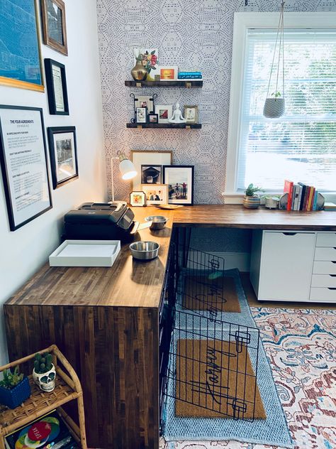 Dog Crate Office Desk, Dog Kennel Under Desk, Dog Crate In Office, Dog Cage In Living Room, Desk Dog Crate, Office Dog Room Combo, Office With Dog Crates, Dog Room And Office, Home Office Dog Room