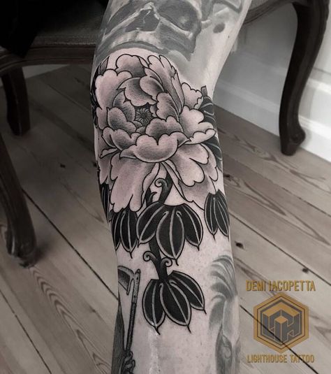 Black and grey peony from @demiiacopetta FOR BOOKINGS Tattoo Sydney, H Tattoo, Lighthouse Tattoo, Japanese Tattoos, Peonies Tattoo, Japanese Tattoo, Black And Grey Tattoos, Traditional Tattoo, Japanese Traditional