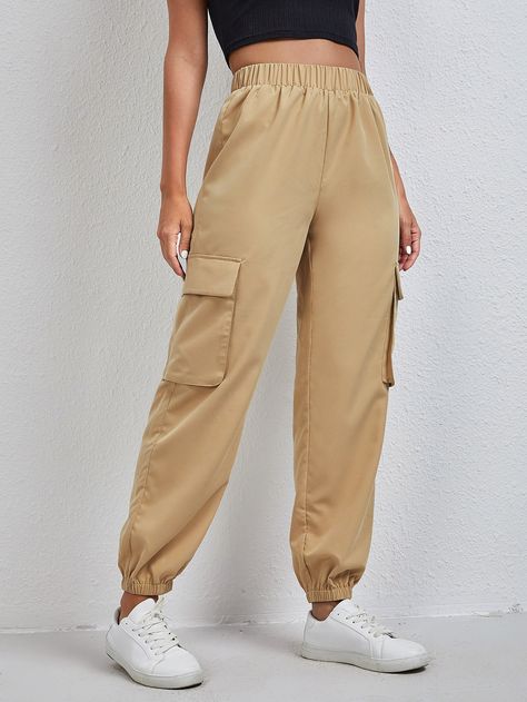 Khaki Casual Collar  Polyester Plain Tapered/Carrot Embellished Non-Stretch  Women Bottoms Casual Yellow Cargo Pants With Side Pockets, Yellow Cotton Cargo Pants With Pockets, Khaki High-waisted Cargo Pants With Patch Pockets, Orange Cotton Cargo Bottoms, Carrot Trousers, High-waist Beige Parachute Pants With Side Pockets, Carrot Pants, Women Bottoms, Flap Pocket