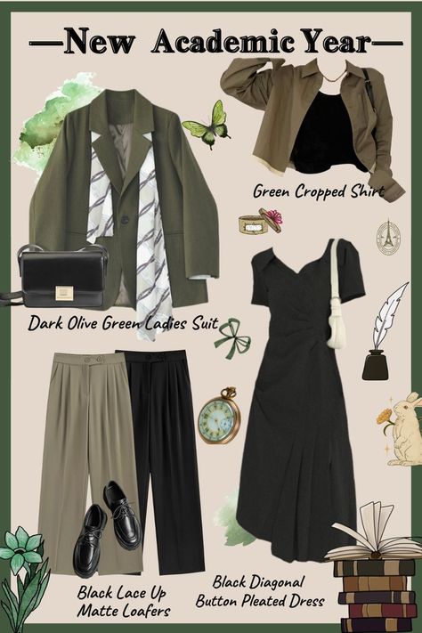 💚Darkacademia Olive Green Ladies Suit X Diagonal Button Pleated Dress🖤 Green Academia Aesthetic Outfit, Olive Green Style, Dark Academia Green, Green Academia, Academia Aesthetic Outfit, Librarian Style, Ladies Suit, Green Style, Dark Olive Green