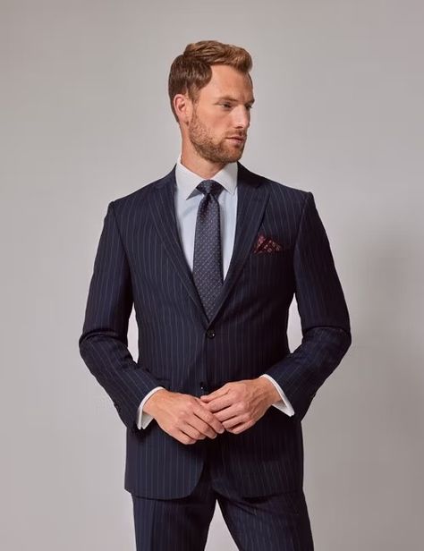 Stripe Suits for Men | Hawes & Curtis Mens Tailored Suits, Navy Pinstripe Suit, Navy Suits, Mens Outerwear Fashion, Gq Fashion, Black Suit Men, Mens Tailor, Hawes And Curtis, Man Suit