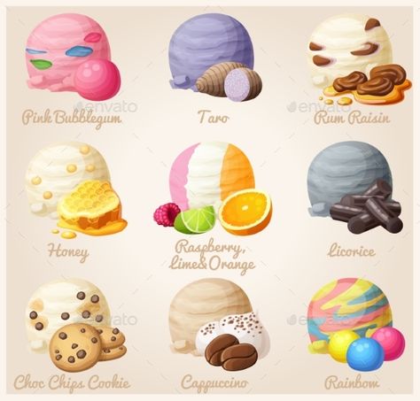 Set of cartoon vector icons. Ice cream scoops with different fruit and berry flavors. Pink Bubblegum, Taro, Rum Raisin, Honey, Lic Background Ice Cream, Background Food, 귀여운 음식 그림, Coconut Ice, Rum Raisin, Food Sketch, Ice Cream Scoops, Coconut Ice Cream, Cute Food Drawings