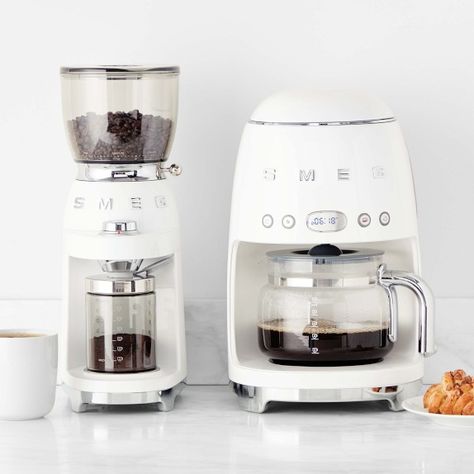 All Coffee & Espresso Machines | Williams Sonoma Smeg White, Smeg Coffee, Midcentury Style, Coffee Container, Appliances Design, Pumpkin Seasoning, Espresso Machines, Coffee Grinder, White Coffee