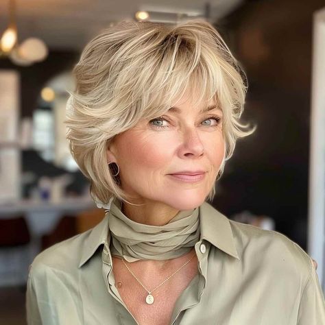 24 Best Ways to Have Feathered Bangs Right Now Feathered Chin Length Hair, Short Hair With Feathered Bangs, Feathered Bobs For Fine Hair, Fine Wavy Hairstyles, Chic Messy Bun, Grey Haircuts, Feathered Bob, Feathered Bangs, Shaggy Short Hair