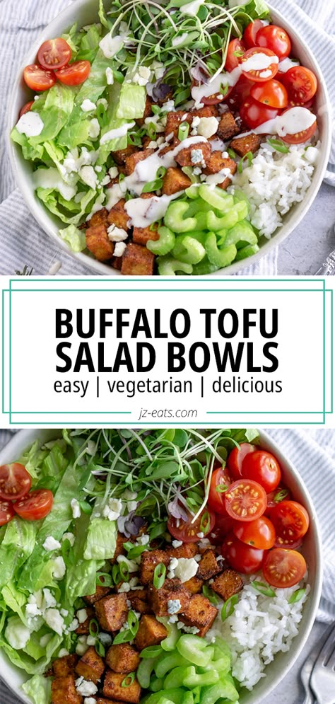 rice bowl with buffalo tofu, celery, tomatoes, and greens Buffalo Tofu Salad, Buffalo Tofu Bowl, Easy Breakfast Bowls, Healthy Bowl Recipes, Ways To Cook Tofu, Kid Friendly Vegetarian Recipes, Tofu Bowls, Buffalo Tofu, Tofu Bowl